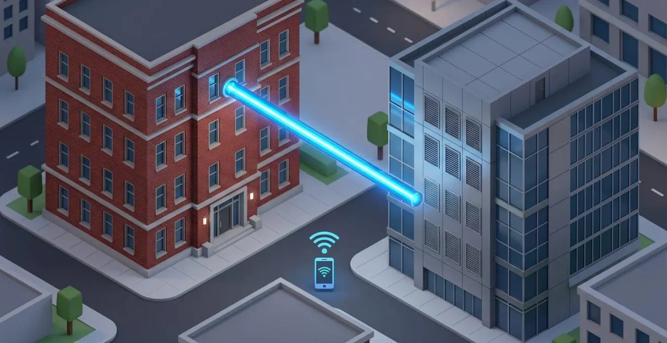 Illustration isometrique montrant une banque et un data center relies par un tube de lumiere, un smartphone en bas a droite.