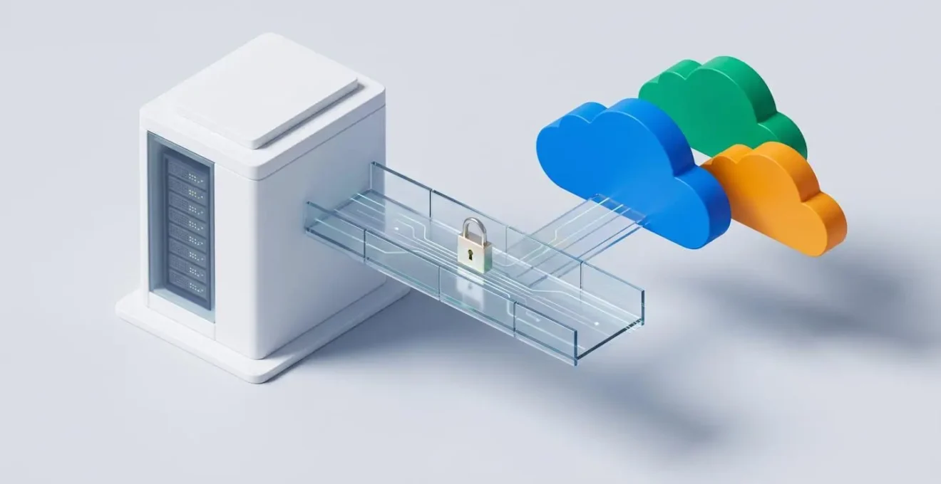 Illustration 3D montrant un batiment d'entreprise relie par un pont lumineux a des nuages colores, symbolisant le cloud hybride.