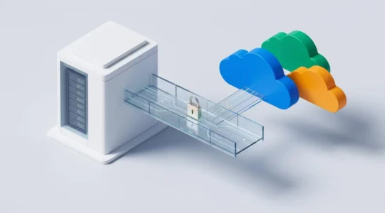 Illustration 3D montrant un batiment d'entreprise relie par un pont lumineux a des nuages colores, symbolisant le cloud hybride.