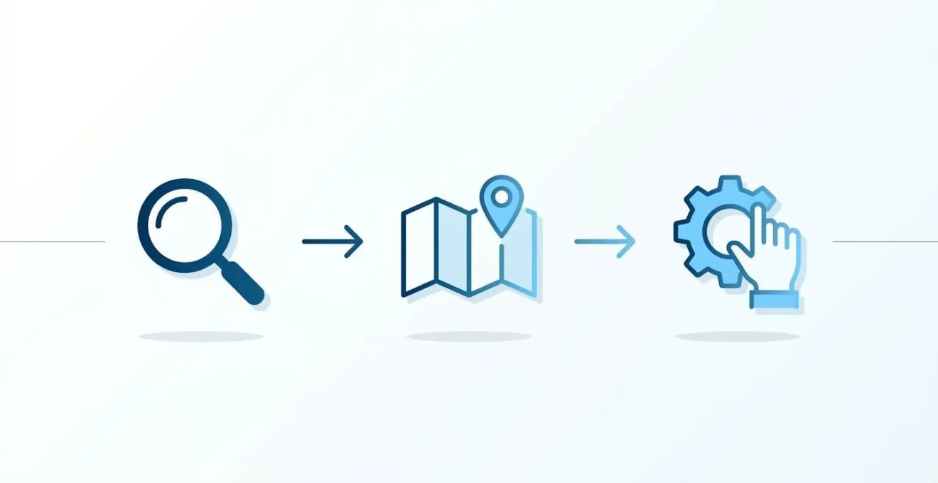Chemin en trois etapes : diagnostic, design, gestion, illustrant l'accompagnement cloud.