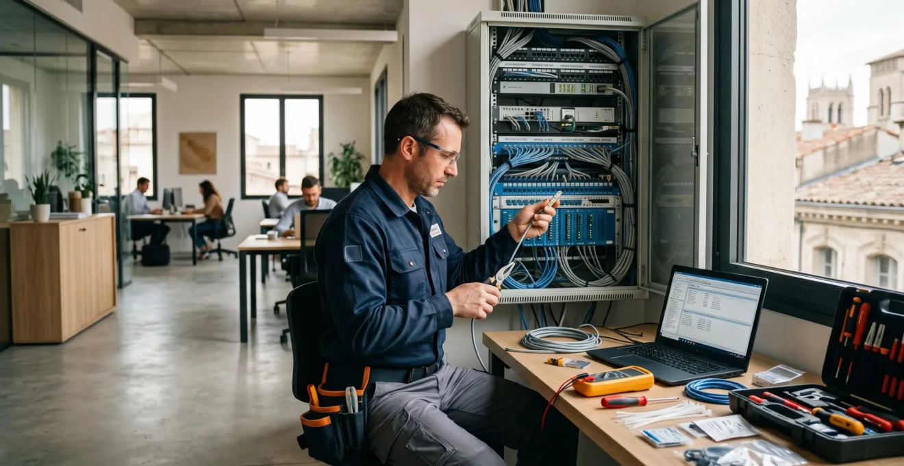 Technicien spécialisé en télécommunications effectuant la maintenance d'un standard téléphonique dans un bureau d'entreprise moderne à Avignon