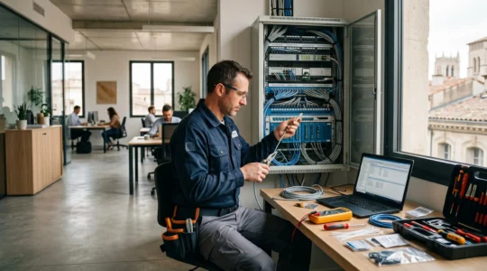 Technicien spécialisé en télécommunications effectuant la maintenance d'un standard téléphonique dans un bureau d'entreprise moderne à Avignon