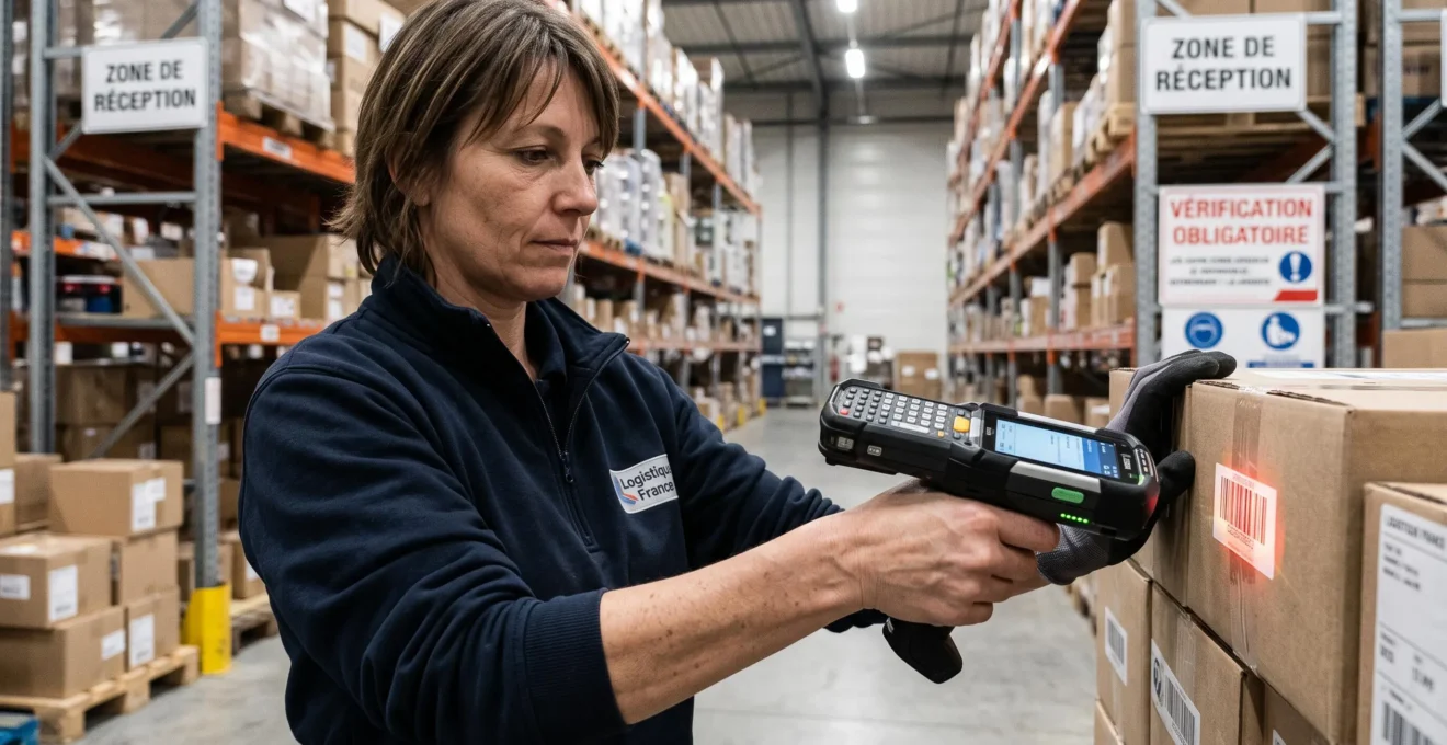 Opérateur logistique scannant un code-barres produit avec un lecteur mobile dans un entrepôt
