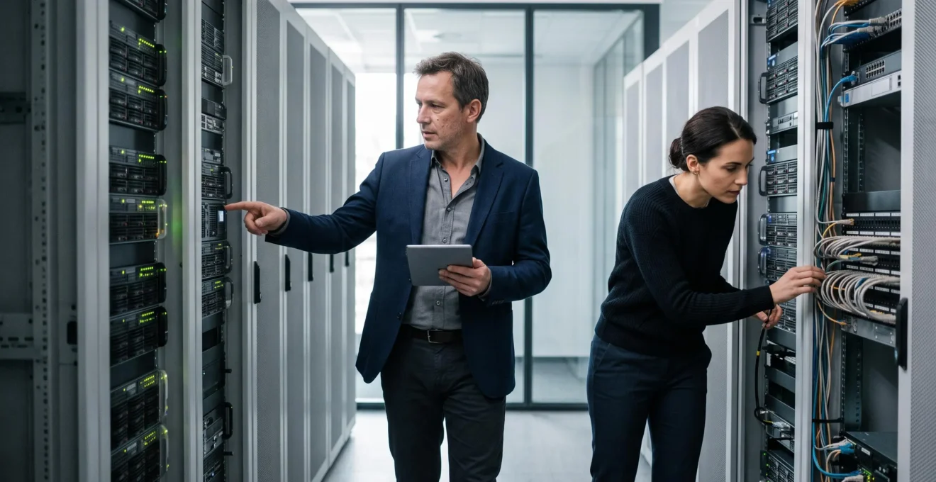 Un consultant data et une responsable IT inspectent des baies de serveurs lors d'un audit dans la salle informatique d'une entreprise.