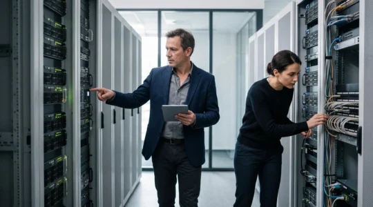 Un consultant data et une responsable IT inspectent des baies de serveurs lors d'un audit dans la salle informatique d'une entreprise.