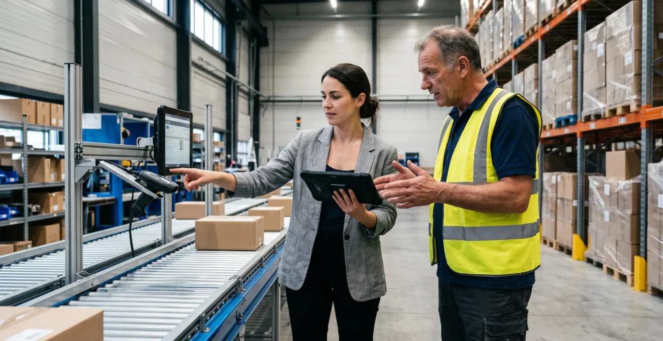 Une consultante data montre une tablette à un responsable logistique le long d'une ligne de convoyage dans un entrepôt moderne.