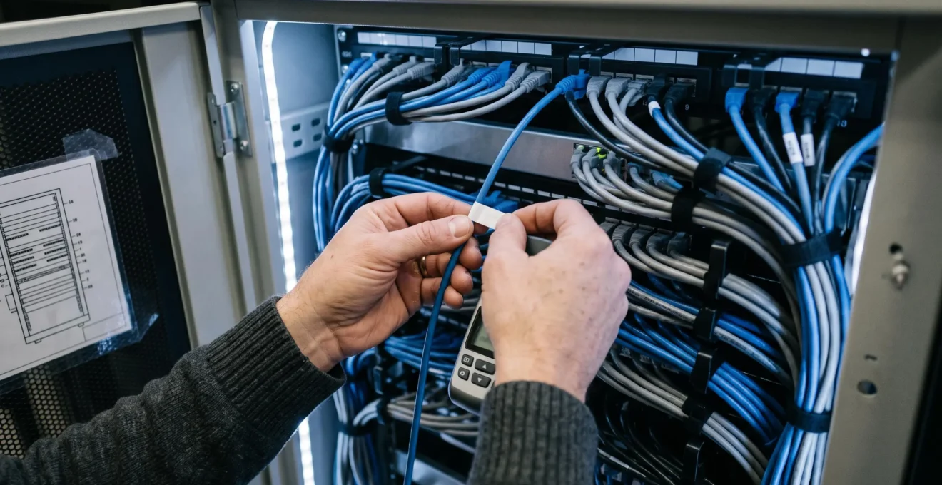 Gros plan sur des mains étiquetant un câble réseau dans une baie de brassage lors d'un audit technique de données.